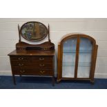 AN EDWARDIAN MAHOGANY AND BOX STRUNG DRESSING CHEST, with an oval mirror, width 107cm x depth 48cm x