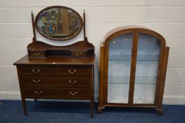 AN EDWARDIAN MAHOGANY AND BOX STRUNG DRESSING CHEST, with an oval mirror, width 107cm x depth 48cm x