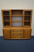 AN ERCOL MODEL 455D BLONDE ELM WINSOR SIDEBOARD/DISPLAY CABINET, the top section with double