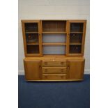 AN ERCOL MODEL 455D BLONDE ELM WINSOR SIDEBOARD/DISPLAY CABINET, the top section with double