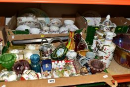 THREE BOXES AND LOOSE, CERAMICS, ORNAMENTS AND GLASS ETC, to include assorted tea wares including