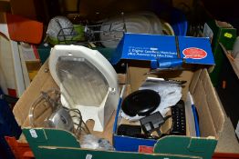 TWO BOXES OF KITCHEN RELATED ITEMS AND SUNDRIES, to include Pyrex, Tupperware, boxed BT Graphite