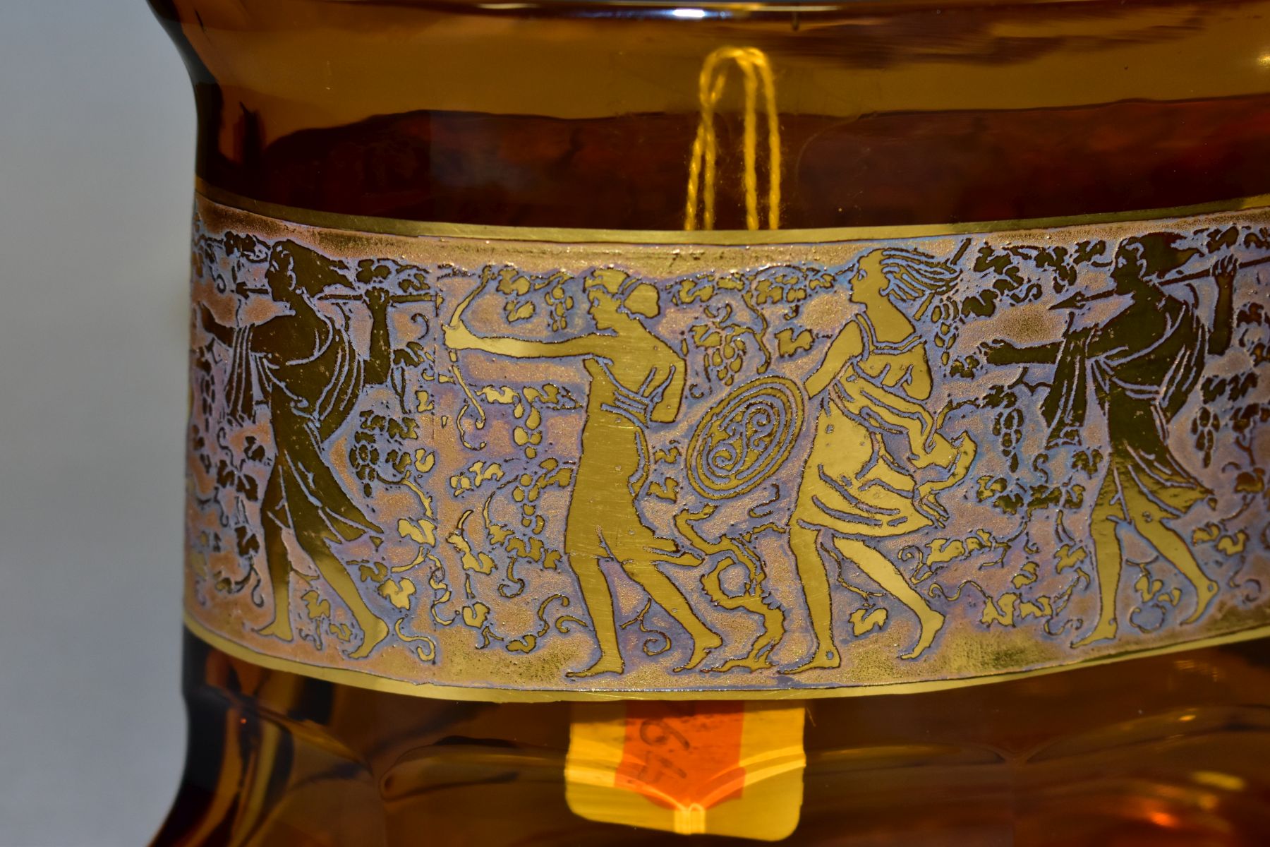 A MOSER OVAL AMBER GLASS VASE, with a gilt band of relief decorated Amazons with spears, shields and - Image 2 of 8