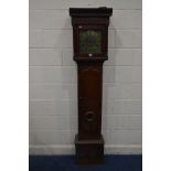 A GEORGIAN OAK 30 HOUR LONGCASE CLOCK, plain hood enclosing a brass 9 inch dial, roman numerals,