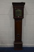 A GEORGIAN OAK 30 HOUR LONGCASE CLOCK, plain hood enclosing a brass 9 inch dial, roman numerals,