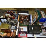FIVE BOXES AND LOOSE METALWARES, STAMPS, LP'S, TREEN, TWO METAL STRONG BOXES WITH KEYS, ETC,