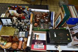 FIVE BOXES AND LOOSE METALWARES, STAMPS, LP'S, TREEN, TWO METAL STRONG BOXES WITH KEYS, ETC,