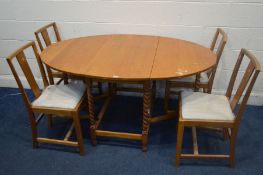 AN EARLY 20TH CENTURY GOLDEN OAK GATE LEG TABLE, and four chairs (5)