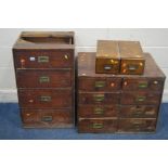 TWO DISTRESSED EARLY TO MID 20TH CENTURY OAK OFFICE DRAWERS, with brass campaign handles, one made