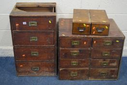 TWO DISTRESSED EARLY TO MID 20TH CENTURY OAK OFFICE DRAWERS, with brass campaign handles, one made