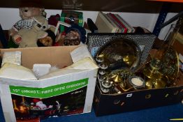 FOUR BOXES AND LOOSE SUNDRY ITEMS, to include a box of metalwares, brass oil lamp base, kettles,