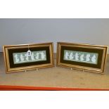 A PAIR OF GILT FRAMED AND VELVET MOUNTED WEDGWOOD GREEN JASPERWARE RECTANGULAR PLAQUES, depicting