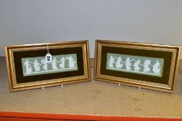 A PAIR OF GILT FRAMED AND VELVET MOUNTED WEDGWOOD GREEN JASPERWARE RECTANGULAR PLAQUES, depicting