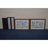 A PAIR OF FRAMED FACSIMILE MONOCHROME PRINTS OF NOTIBLE BUILDINGS IN STAFFORD, 96cm x 72cm along