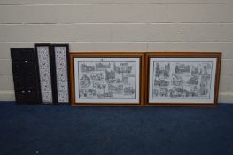 A PAIR OF FRAMED FACSIMILE MONOCHROME PRINTS OF NOTIBLE BUILDINGS IN STAFFORD, 96cm x 72cm along