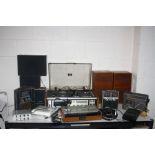 A SELECTION OF VINTAGE HI FI EQUIPMENT including a Sanyo G2611 Super music Centre, a pair of