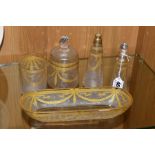 A ST LOUIS CRYSTAL DRESSING TABLE SET, comprising a scent bottle, powder pot with lid, tumbler,