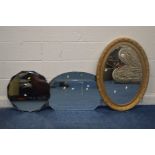 AN OVAL GILTWOOD FRAMED BEVELLED EDGE WALL MIRROR, along with three other wall mirrors (4)