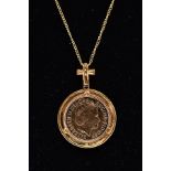 A MOUNTED HALF SOVEREIGN PENDANT NECKLACE, the 2007 22ct gold half sovereign within a single cut