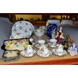 A GROUP OF FIGURINES, DINNERWARES, ETC, including a Royal Doulton Pansy pattern sandwich set