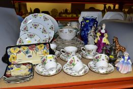 A GROUP OF FIGURINES, DINNERWARES, ETC, including a Royal Doulton Pansy pattern sandwich set