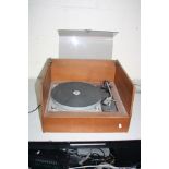 A THORENS TD150 Mk2 TURNTABLE mounted in a plywood box with smoked Plexiglass cover, with a Shure