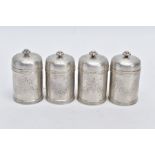 A SET OF FOUR CONTINENTAL SILVER SUGAR CASTERS, each designed with a decorative repeating floral and
