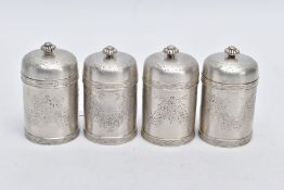 A SET OF FOUR CONTINENTAL SILVER SUGAR CASTERS, each designed with a decorative repeating floral and