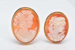 TWO YELLOW METAL CAMEO BROOCHES, each of an oval form depicting a lady in profile within a collet
