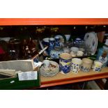 TWO BOXES OF CERAMICS AND SUNDRY ITEMS, etc, to include a 19th Century blue and white tankard with