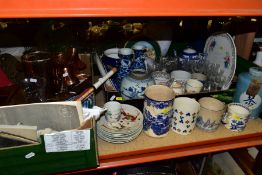 TWO BOXES OF CERAMICS AND SUNDRY ITEMS, etc, to include a 19th Century blue and white tankard with