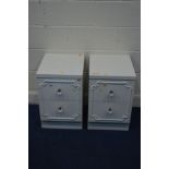 A PAIR OF WHITE FINISH FRENCH TWO DRAWER BEDSIDE CABINETS
