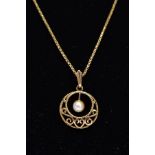 A 9CT GOLD CULTURED PEARL PENDANT NECKLET, the pendant of an openwork circular design set with a