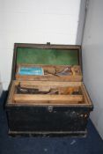A VINTAGE CARPENTERS TOOLCHEST containing carpentry tools including wooden moulding planes, a Record
