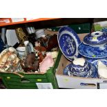 FIVE BOXES OF GLASS AND CERAMICS etc, to include blue and white by Grimwades, Grindley, Churchill