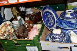 FIVE BOXES OF GLASS AND CERAMICS etc, to include blue and white by Grimwades, Grindley, Churchill