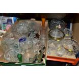 A BOX AND LOOSE ASSORTED GLASSWARES, to include cut glass fruit bowls, smaller bowls, assorted