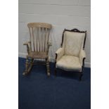 AN EDWARDIAN MAHOGANY CREAM UPHOLSTERED ARMCHAIR, on ceramic casters, together with a stripped beech
