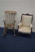 AN EDWARDIAN MAHOGANY CREAM UPHOLSTERED ARMCHAIR, on ceramic casters, together with a stripped beech