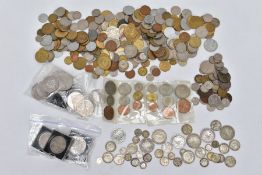 A BOX OF BRITISH AND WORLD COINS to include some .925 and .500 silver coins, Victoria to George VI