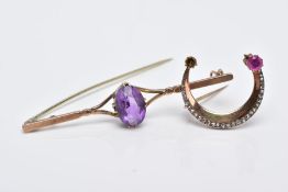 TWO YELLOW METAL BROOCHES, the first bar brooch designed with a claw set oval cut amethyst,