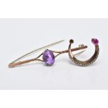 TWO YELLOW METAL BROOCHES, the first bar brooch designed with a claw set oval cut amethyst,