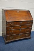 A DISTRESSED GEORGIAN OAK BUREAU, with three long graduated drawers, on bracket feet, width 92cm x