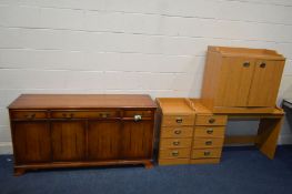 A MODERN YEWWOOD SIDEBOARD, with three drawers, width 153cm x depth 47cm x height 78cm, along with