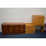 A MODERN YEWWOOD SIDEBOARD, with three drawers, width 153cm x depth 47cm x height 78cm, along with