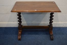 A VICTORIAN STYLE MAHOGANY CENTRE TABLE, on twin large barley twist supports, width 99cm x depth