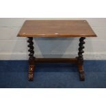 A VICTORIAN STYLE MAHOGANY CENTRE TABLE, on twin large barley twist supports, width 99cm x depth