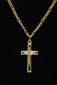 A 9CT GOLD CROSS PENDANT NECKLACE, the textured cross pendant set with a single cut diamond fitted