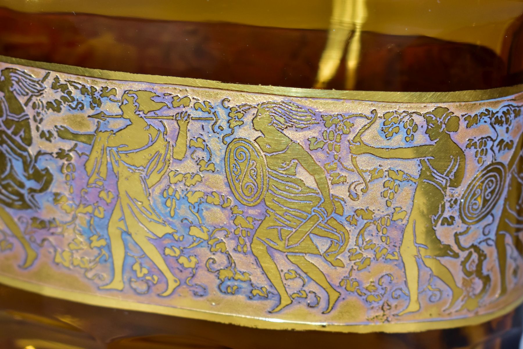 A MOSER OVAL AMBER GLASS VASE, with a gilt band of relief decorated Amazons with spears, shields and - Image 6 of 8