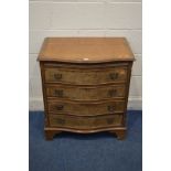 A REPRODUCTION GEORGIAN STYLE BURR WALNUT AND CROSSBANDED SEPENTINE CHEST OF FOUR LONG DRAWER,